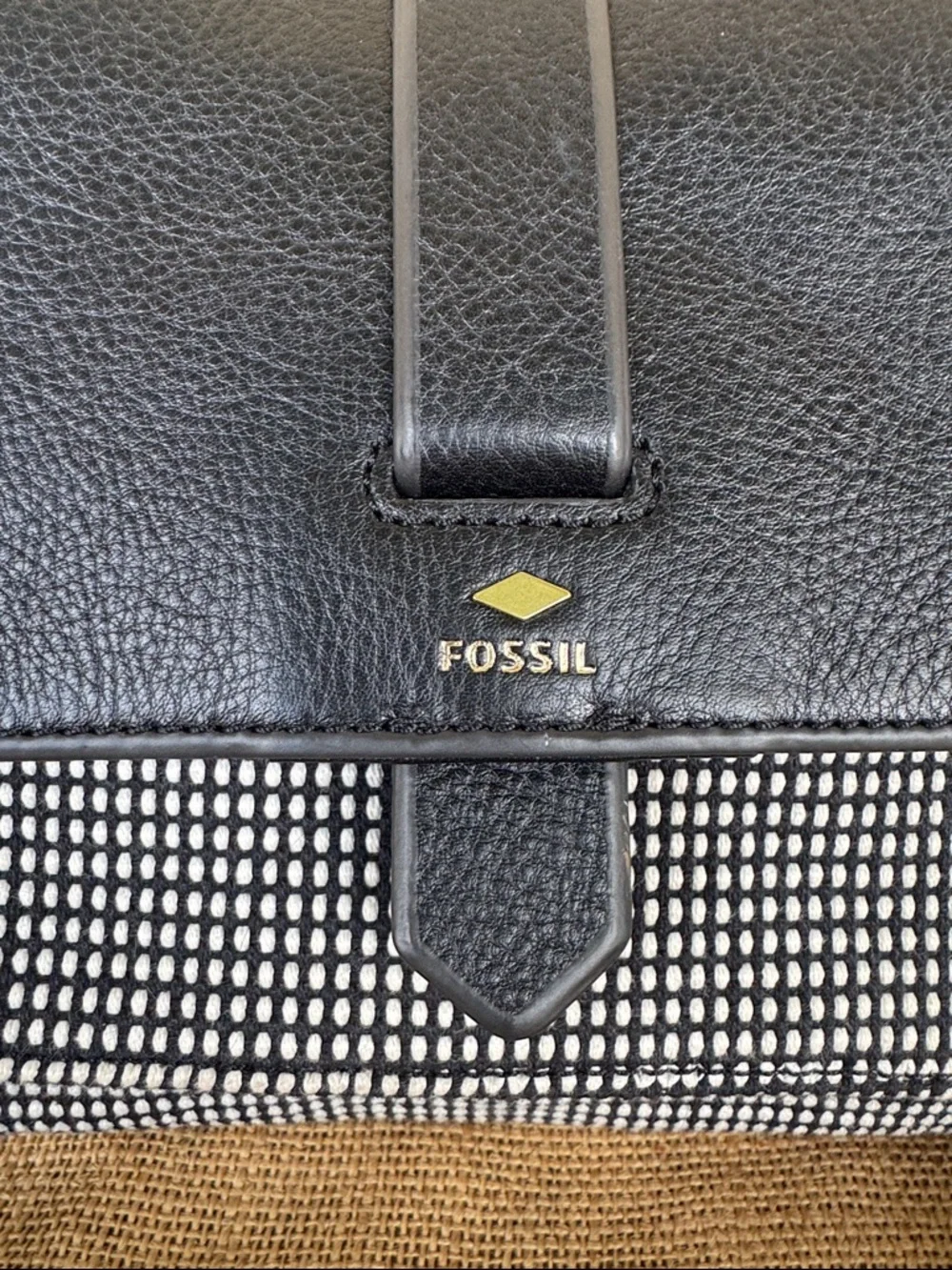 Fossil Black Leather Crossbody with Black & White Pattern NWOT